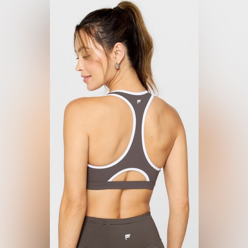 Fabletics Taupe Slate & White Front Zip Medium Impact Sports Bra, Large, NWT